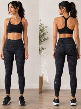 Lululemon Black Gray Camo High Rise Pocket Leggings Women’s Size 2